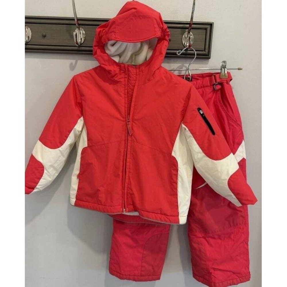 Lands End Squall Waterproof Snowsuit Set Jacket Pants Snowpants Pink White 6 7